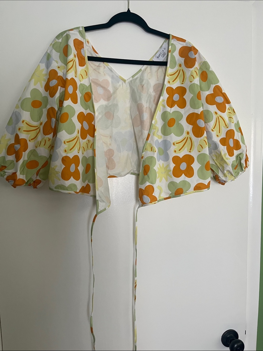 Floral Wrap Crop Top in White with Orange & Green - Picture 3 of 4